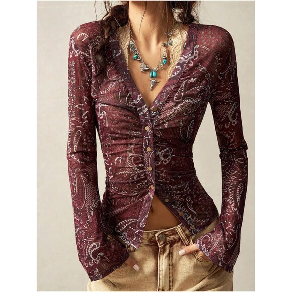 Women's Vintage Boho Paisley Button Down T Shirt V Neck Long Sleeve Fitted - Picture 5 of 5